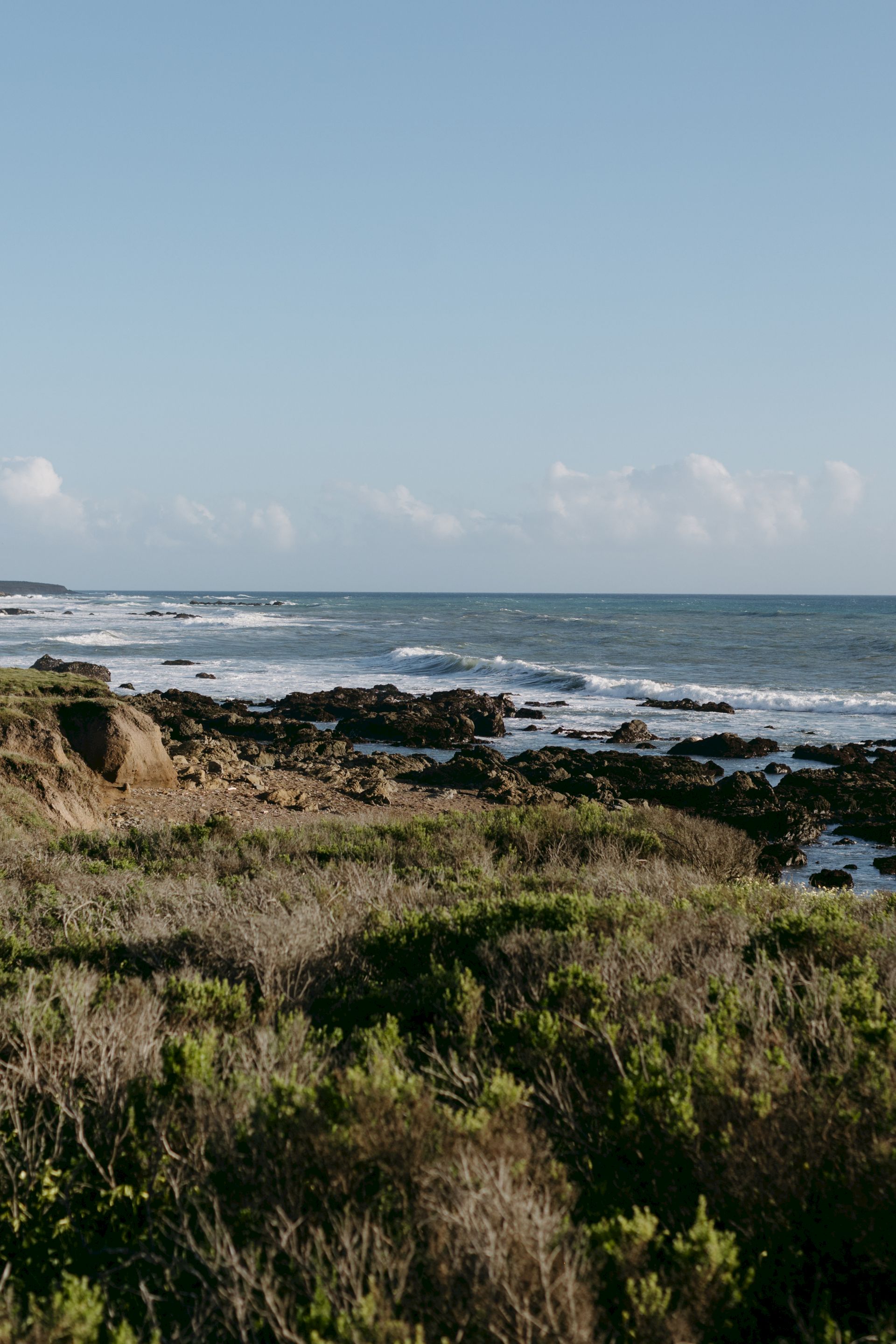 A rocky coastline with low shrubs in the foreground, calm blue sea stretching to the horizon, and a clear sky with a few clouds, tranquil coastal scene.