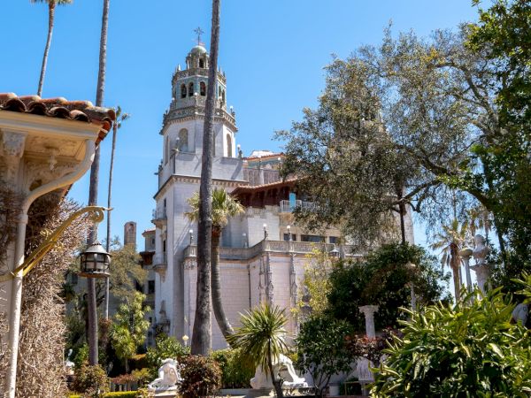 A sunny courtyard with a white church tower, palm trees, and lush greenery in a quaint Mediterranean setting.