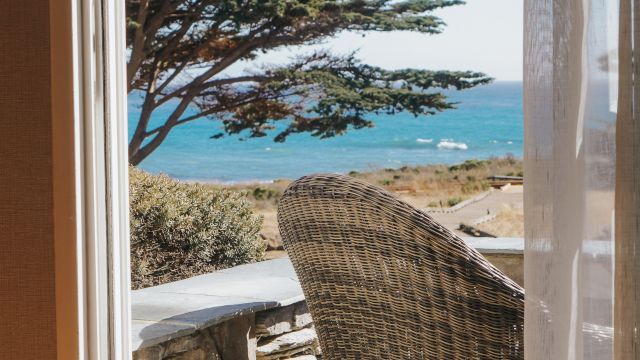 A wicker chair with a view of the ocean and a tree.